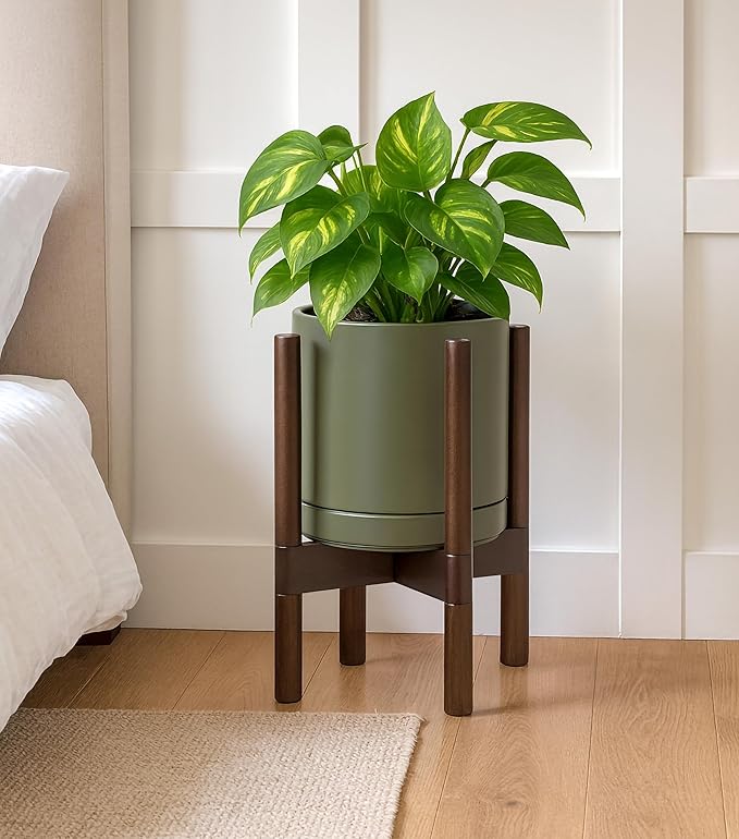 D'vine Dev Ceramic Planter with Walnut Color Stand - 8 Inch Modern Round Flower Pot with Wood Planter Holder, Olive, 55-B-Y-J