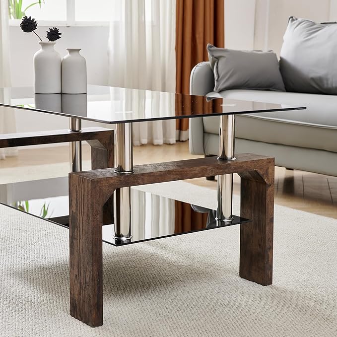 Living Room Rectangle Coffee Table, Tea Table Suitable for Waiting Room, Modern Side Coffee Table with Wooden Leg, Glass Tabletop with Lower Shelf.(Black Brown)