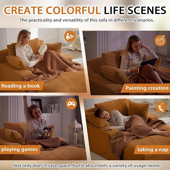 Boneless Couch Sofa Chiar Chaise Lounge Chair Indoor Upholstered Corduroy Couch Cloud Sleeper Sofa Oversized Reading Chair for Living Room No Assembly Required (Orange, 50" W x 80" D)
