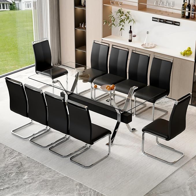 11 Piece Glass Dining Table Set, 79" Modern Dining Table Set for 10, 0.5" Thick Tempered Glass Tabletop with Silver Chrome Metal Legs and Black Crossbar, 10 PU Chairs for Dining Room, Kitchen