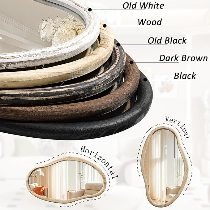 JJUUYOU Irregular Wood Mirror Asymmetrical Bathroom Wall Mounted Mirror 34"x22" Large Horizontal or Vertical Hanging Wall Mirrors for Makeup Bedroom Living Room Wood