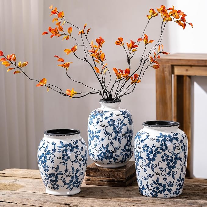 Blue and White Vintage Vase, Ceramic Chinoiserie Floral Vases, Round Farmhouse Rustic Large Flower Vase for Home Decor, Living Room, Office, Bookshelf, Grand Millennial Chinoiserie Decor 7.7 Inch