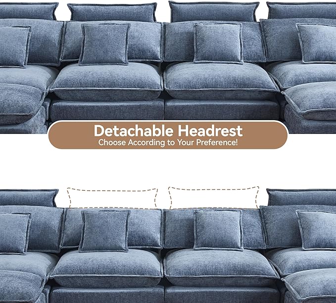 134'' Cloud Modern 4 Seater Couch with Detachable Headrest, Modular Sectional Sofa with 2 Ottoman, Oversized U Shape Chenille Comfy Sofa with Armrests for Living Room, Blue
