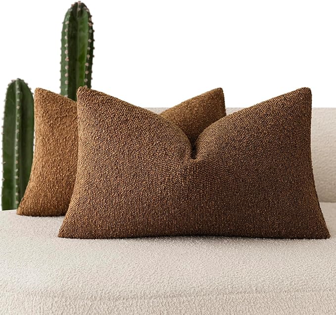 Foindtower Pack of 2 Textured Boucle Throw Pillow Covers Accent Solid Decorative Lumbar Pillow Cases Cozy Couch Cushion Case for Chair Sofa Bedroom Living Room Home Decor 12x20 Inch Hazel Brown