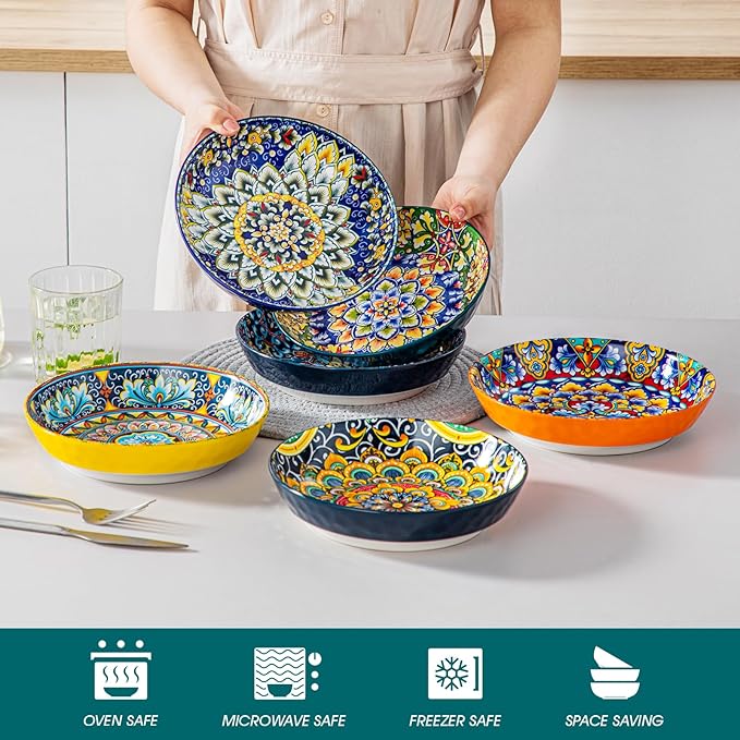 vancasso 32 Oz Pasta Bowls Sets of 6, Ceramic Large Colorful Salad Serving Bowls for Kitchen, Dishwasher & Microwave Safe, Soup Pasta Plates