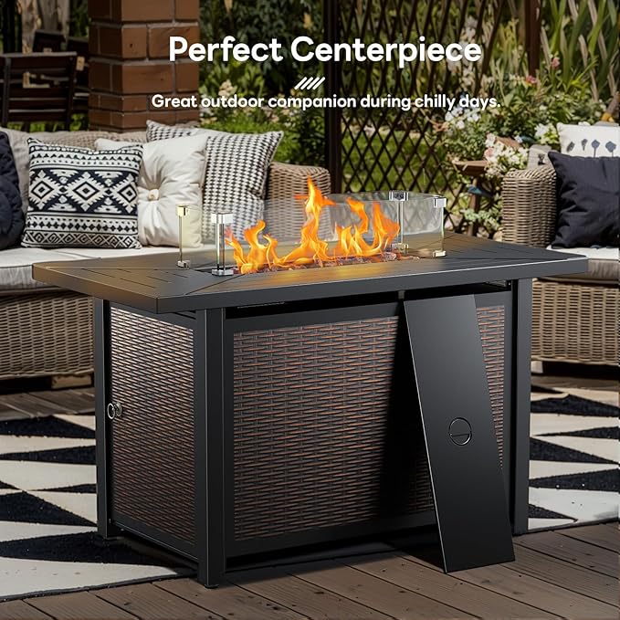 Luxury High Back Outdoor Furniture with 6-inch Extra Thick Cushions, Patio Furniture Set with Fire Pit Table & Swivel Chairs, 7 PCS Wicker Conversation Set for Yard, Deck, Poolside, Brown/Beige