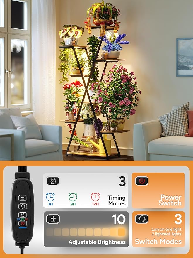 Lighted Plant Stand with Grow Lights – Tall Large Tiered Metal Corner Shelf Rack for Multiple Indoor Living Room Flower