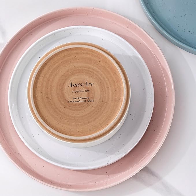 AmorArc Ceramic Dinnerware Set for 8 | Handpainted Stoneware Plates and Bowls with Rustic Terracotta Underside| Scratch Resistant,Dishwasher & Microwave Safe Dishes Sets- 24pcs Colorful