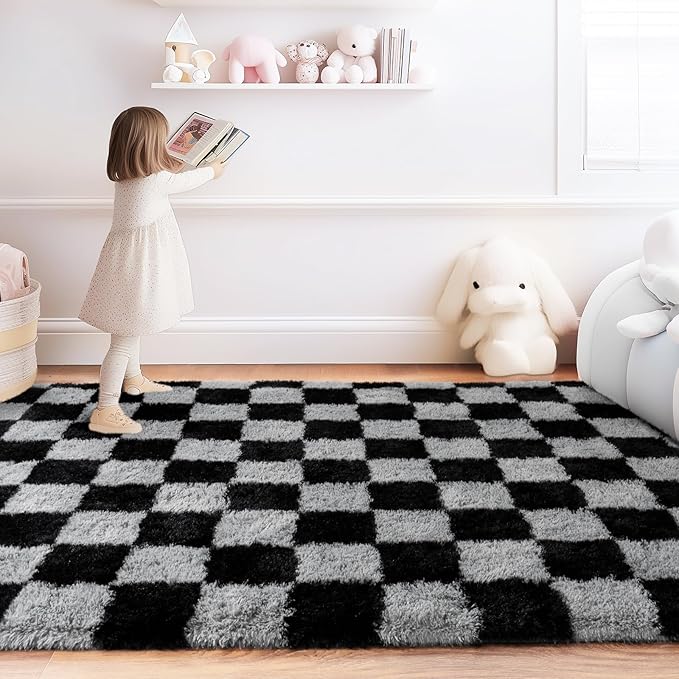 Checkered Rug for Living Room 8x10, Ultra Fluffy Fuzzy Shag Black and Grey Large Area Rug for Bedroom, Modern Plush Soft Upgrade Non-Slip Carpet for Kids Girls and Boys Room Dorm Home Decor