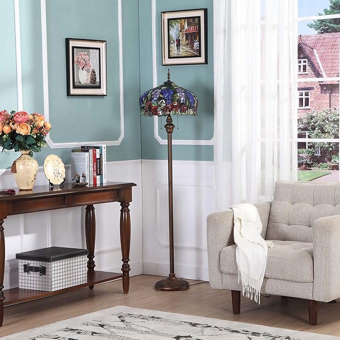 Bieye L10574 Wisteria and Rose Flower Tiffany Style Stained Glass Floor Lamp with 16 inch Wide Shade, 63 inch Tall