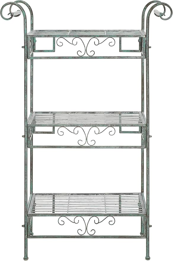 SAFAVIEH Outdoor Collection Noreen Victorian Scroll Antique Dark Green Wrought Iron 3-Tier Shelf