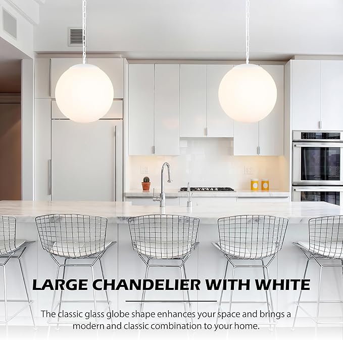 KoKo&Yukina 13.7 Inch Globe Pendant Light Adjustable White Globe Pendant Lights Kitchen Island Mid Century Light Fixture with Milky White Glass Shade for Living Room