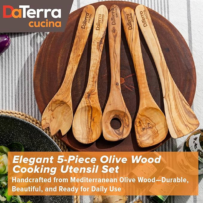12-Inch Olive Wood Cooking Tools – 5-Piece Wooden Kitchen Utensils Set with Spoons, Spatulas & Cooking Tools – Wood Kitchen Utensils Set for Cooking – Crafted Wood Essentials by DaTerra Cucina