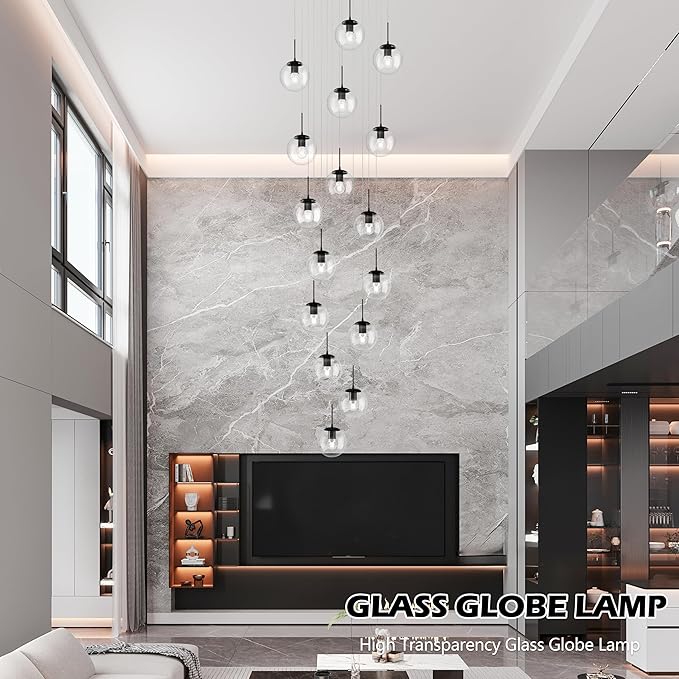 KoKo&Yukina 16-Light Black Mid Century Modern Chandelier for Living Room Staircase Chandelier for Entryway Clear Globe Glass Chandelier High Ceiling Chandeliers Foyer Entryway (Bulb & Remote Incl.)