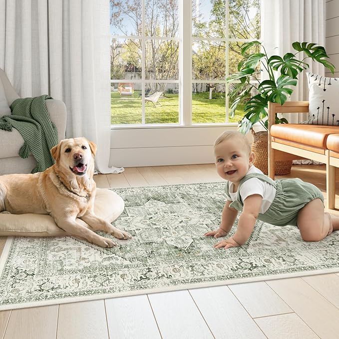 LIVEBOX Washable Area Rug 3x5 - Vintage Tribal Non-Slip Indoor Rugs for Kitchen Entryway, Low-Pile Front Door Mat Print Distressed Accent Throw Rug for Bedroom Entry Foyer Laundry Room, Sage