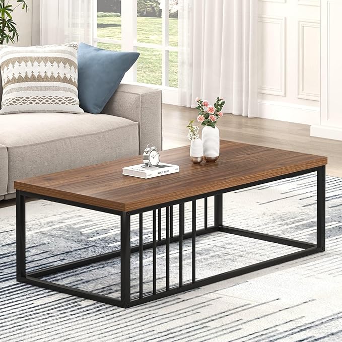 FOLUBAN Coffee Table for Living Room, Modern Wood and Metal Center Table Tea Table for Home Office, Rustic Walnut, 43.3 Inch