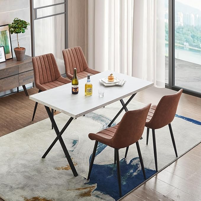 TUKAILAi Faux Leather Dining Chairs Set of 6, Modern Linear Design Kitchen Chairs with Upholstered Seat and Metal Legs, Comfortable Side Chairs for Dining Room Restaurant Commercial (Brown)