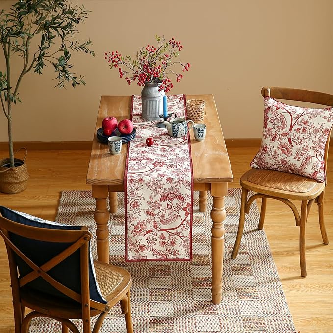 Designer Chinoiserie Elegant Linen Table Runner 87 Inches Long,Red Floral Pattern Decor Table Runners for Thanksgiving,Dining Room,Banquet,Kitchen Tables,Christmas,12"*87"-Ruyi A