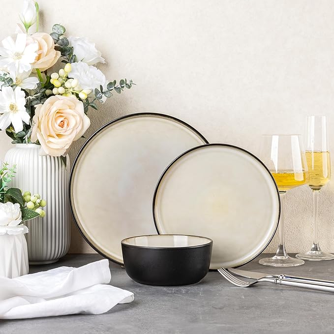 AmorArc Stoneware Dinnerware Sets,Round Reactive Glaze Plates and Bowls Set,Highly Chip and Crack Resistant | Dishwasher & Microwave Safe Dishes Set,Service for 4 (12pc)