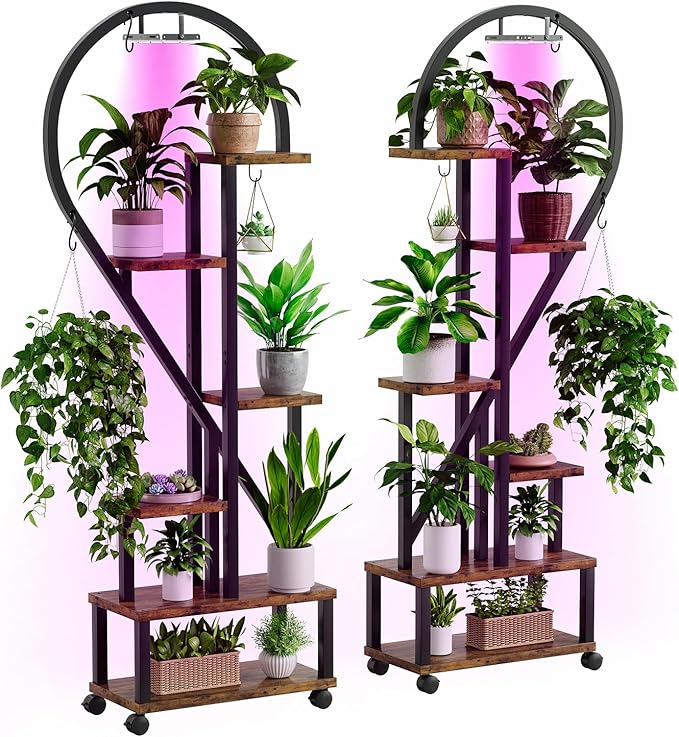 Bestier Plant Stand Indoor with Grow Lights, 6 Tiered Metal Plant Shelf for Indoor Plants Multiple, Half Heart Shape Plant Rack with Wheels, Large Brown Plant Holder for Home Patio Balcony (2 Pack)