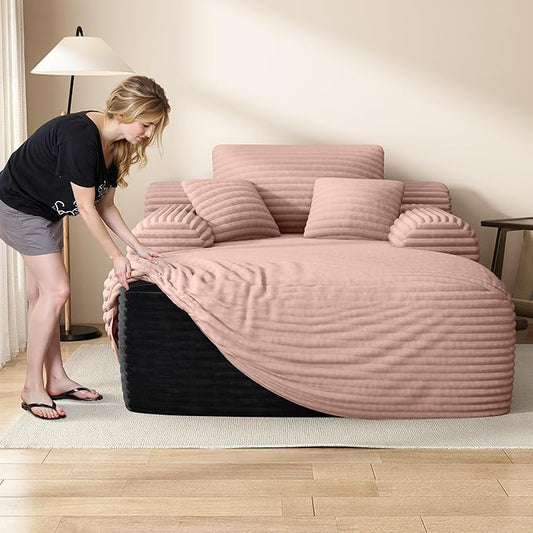 67" Oversized Chaise Lounge Chair with Cover, Comfy Sleeper Sofa Bed, Black Plush Corduory Couch for Living Room,Sofa in A Box,No Assembly Required (Pink Plush Corduroy Cover).