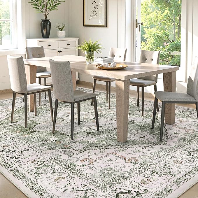 LIVEBOX Green 10x14 Area Rugs, Soft Extra Large Area Rug for Living Room Low Pile Non Slip Boho Rug, Non Shedding Indoor Carpet for Bedroom Dining Room Under Table