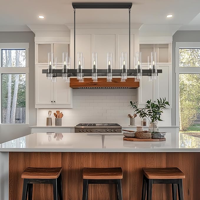 Modern Black Linear Chandelier for Dining Room, 54'' Rectangular Dining Chandeliers Over Dining Table 16 Light, Linear Chandelier Lighting Fixture with Glass over Kitchen Island, Includes Bulbs