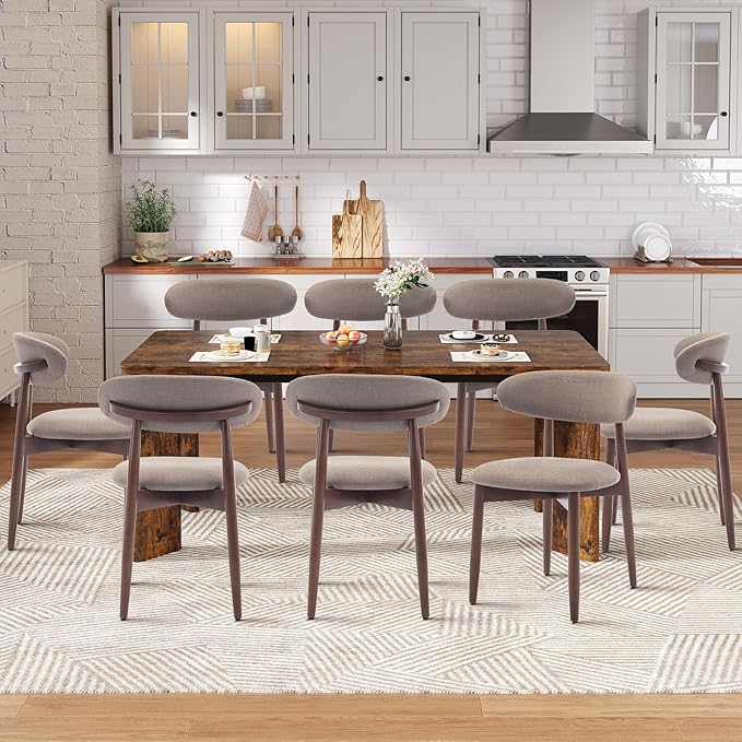 9-Piece Rectangular Dining Table Set for 8, 63" Industrial Kitchen Table with 8 Wooden Upholstered Dinner Chairs for Dining Room, Kitchen, Living Room, Brown+Camel