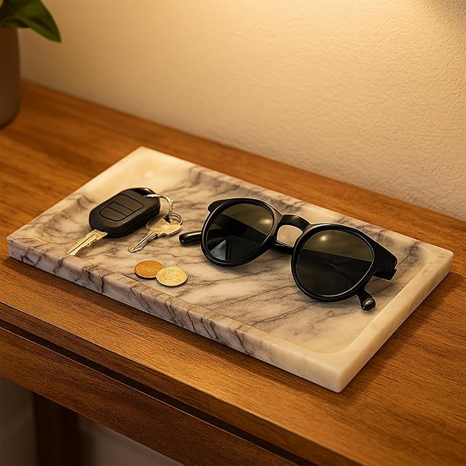 White Marble Vanity Tray – 10.63"x5.91" Rectangular Natural Stone Organizer for Bathroom Perfume Makeup Jewelry Dresser Entryway