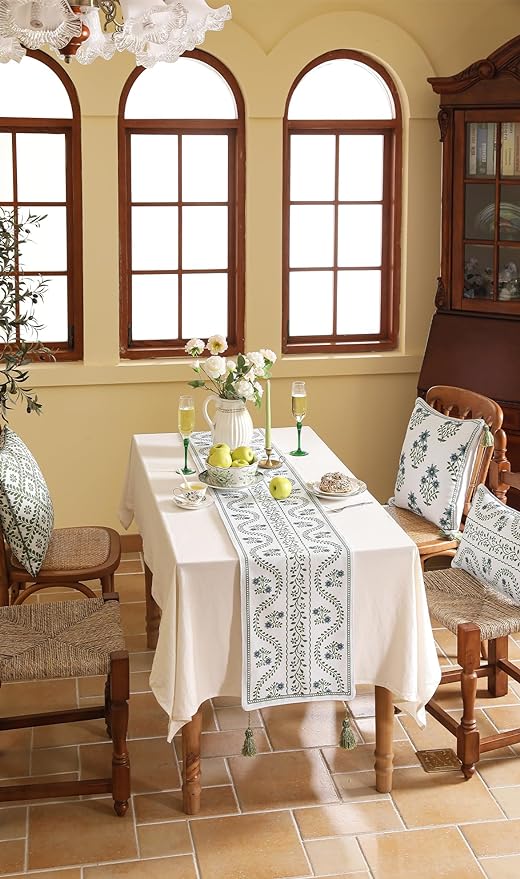 Designer White Elegant Linen Extra Long Table Runner 118 Inches,Chinoiserie Floral Decor Durable Table Runners for Dining Tables,Thanksgiving,Kitchen Tables,Christmas,12"*118"-Mosella D