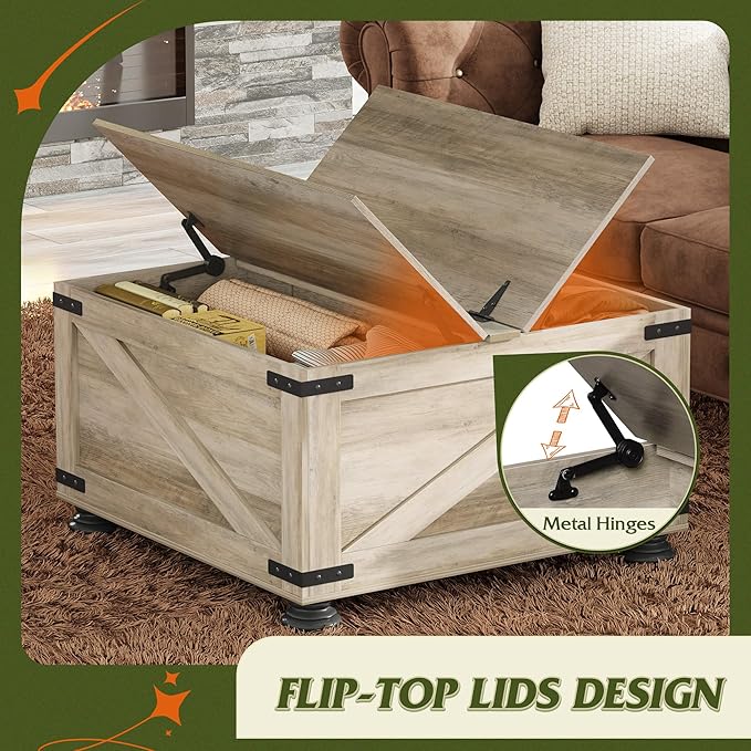 WLIVE Farmhouse Coffee Table, 31.5" Square Wood Center Table with Flip-Top Lids and Large Hidden Storage Compartment for Living Room, Bedroom, Grey Oak