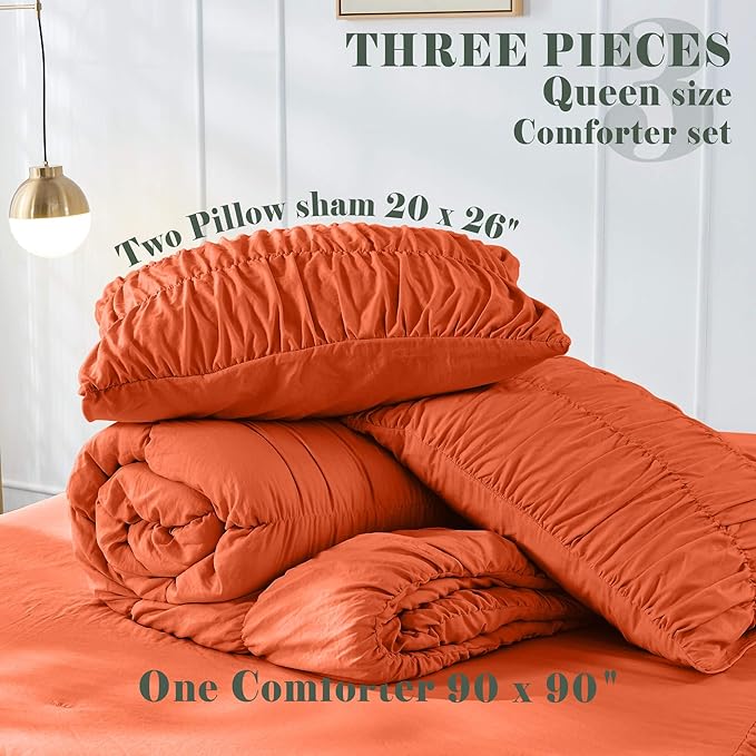 Bonlino Queen Comforter Set Coral Bedding - Ruched Comforter Queen Size Bed Set Boho Shabby Chic Comforter Fluffy 3 Piece Ruffle Comforter Set with Pillow Girl Bedding Soft