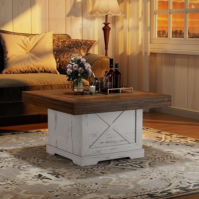 Coffee Table 31.5 in Farmhouse Center Table with X Design Wooden Pedestal for Living Room, Easy Assembly Small Square Home Office Tea Accent Table for Dining Room Apartment, Antique White