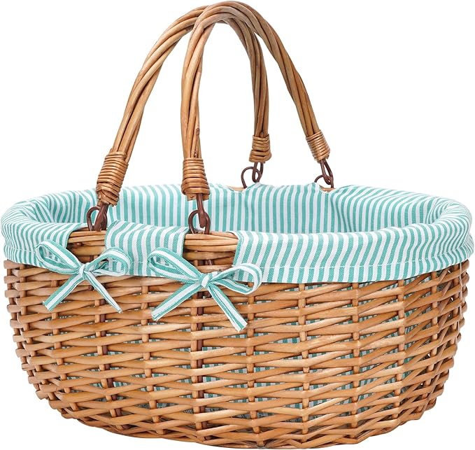G GOOD GAIN Oval Picnic Basket with Folding Handles, Willow Hand Woven Shopping Basket, Bath Toy Kids Toy Storage Gift Packing Basket, Wicker Empty Easter Eggs and Candy Small Gift Basket.Green