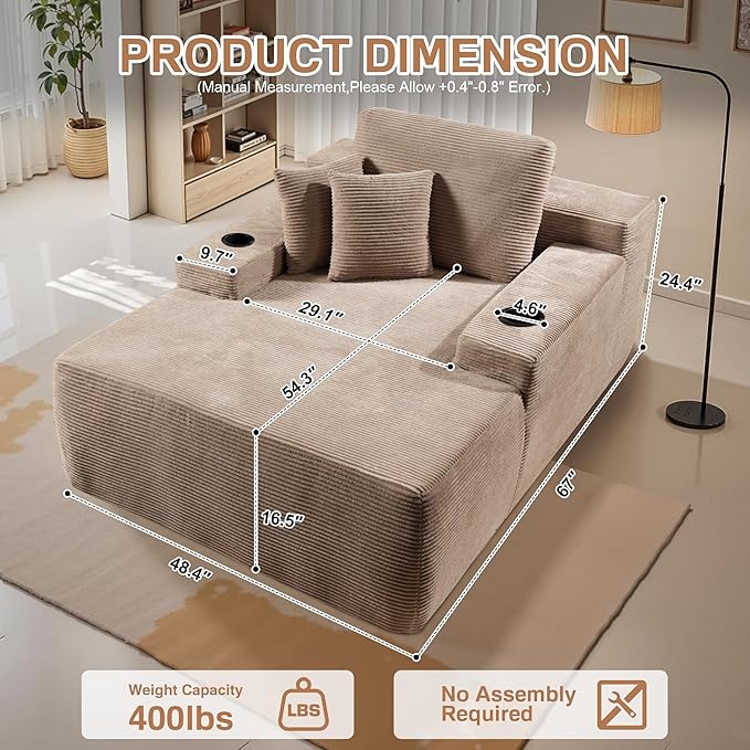 Chaise Lounge Chair Indoor, 67" Oversized Comfy Corduroy Sleeper Sofa Bed with Cup Holders and Wide Armrests, Boneless Upholstered Recliner Bed, Modern Cloud Couch for Living Room, Camel