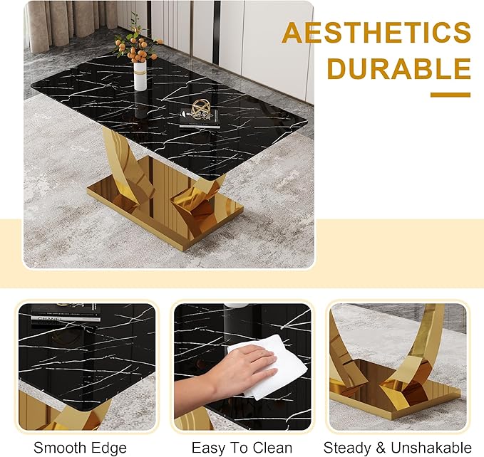 63” Dining Room Table Set for 6,Modern Gold Dining Table Set for 6, Rectangle kitchen Table Set With PU Leather Chairs,Black Faux Marble Dinner Table Set with Tempered Glass Top and Golden Base