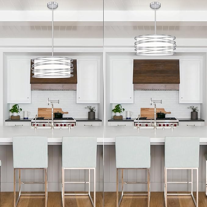 16 inch Modern Drum Pendant Light 3-Lights Brushed Nickel Chandelier Dining Room Light Fixture, Adjustable Ceiling Pendant Kitchen Light Fixture Over Table for Living Room Bedroom