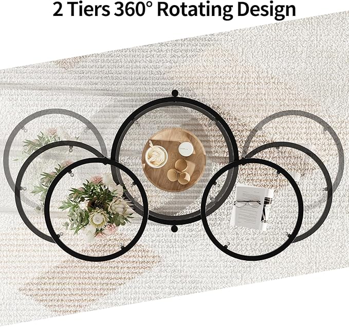 Round Glass Coffee Table - 4 Tier Coffee Tables for Living Room with Rotating Top, Circle Coffee Table with Storage, Modern Clear Center Table with Metal Frame for Small Space, Office, Black