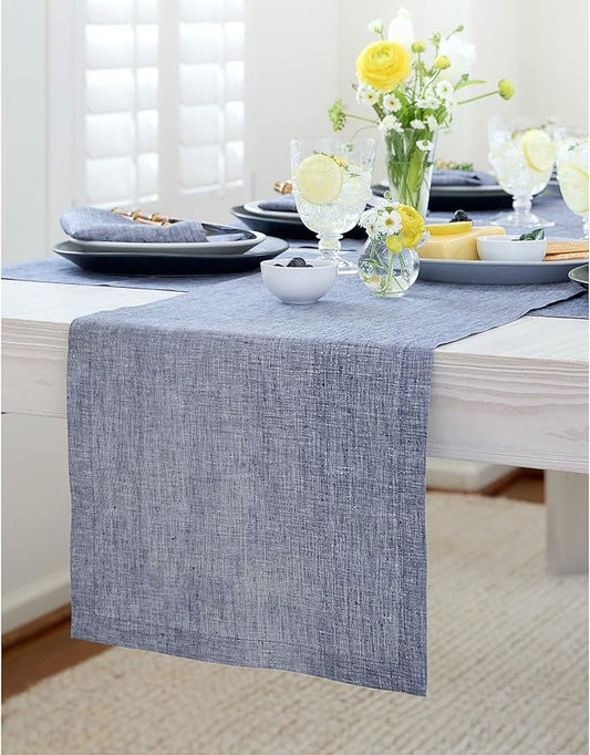 Solino Home Linen Chambray Indigo Table Runner 108 Inches Long - Athena, 100% Pure Linen 14 x 108 Inch Table Runner for Christmas