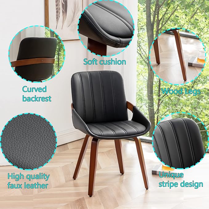 Mid Century Modern Faux Leather Upholstered Dining Chairs,Armless Accent Chairs with Sturdy Natural Wood Legs,Bamboo Backrest Support for Kitchen&Dining Room Chairs(Set of 4,Black PU)