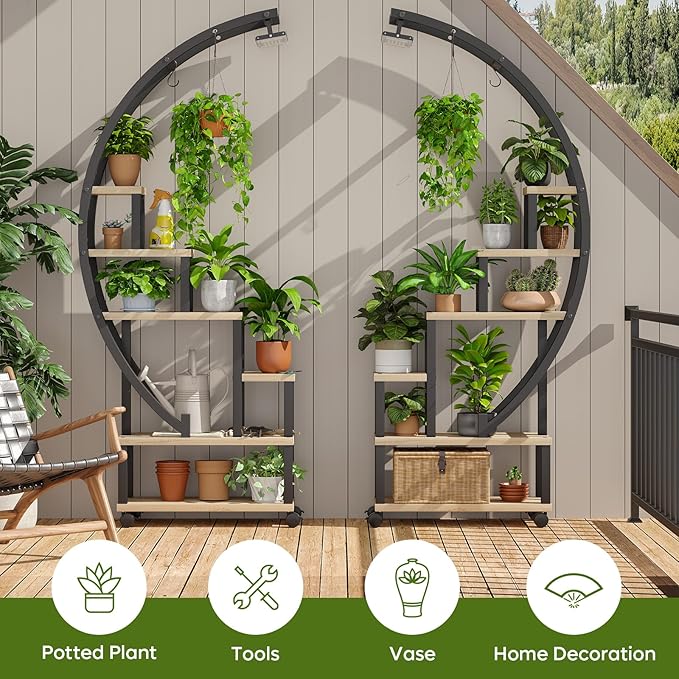 Bestier Plant Stand Indoor with Grow Lights, 6 Tiered Metal Plant Shelf with Wheels for Plants Multiple, Half-Moon Shape Plant Rack Display Shelf, Large Plant Holder for Home, Patio, Balcony (2 Pcs, Oak)