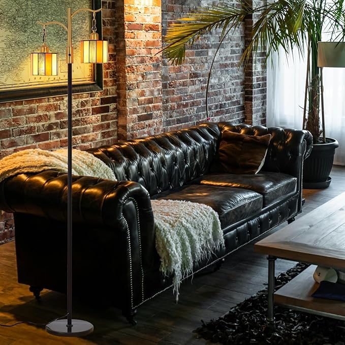 Vintage Dimmable Floor Lamp, Tiffany Standing Lamp with 2 Stained Glass Shades, Rustic Farmhouse Floor Lamp with Black and Gold Finish for Living Room Bedroom