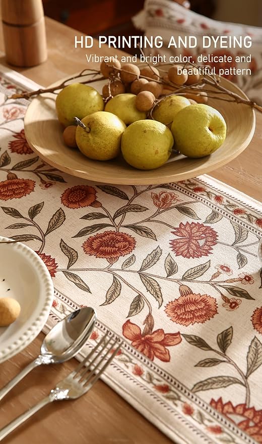 ISAENNE Designer Elegant Linen Table Runner 118 Inches Extra Long,Vintage Orange Floral Pattern Table Runners for Dining Tables,Kitchen Decor,Thanksgiving,Christmas,Banquet,12"*118"-Alvarado A