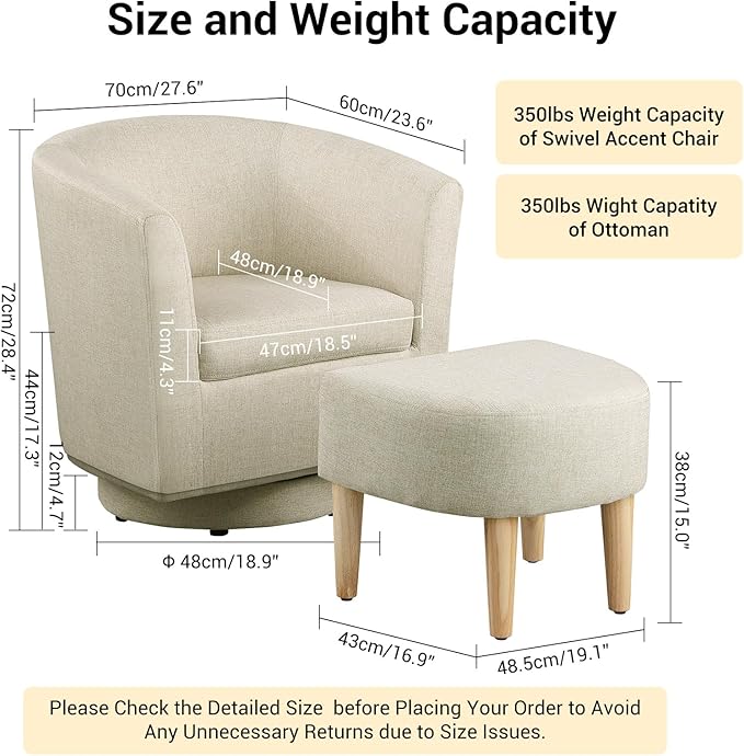 DAZONE Swivel Accent Chair Set of 2 with Ottoman, Modern Upholstered Barrel Armchairs with 360° Swivel Base, Comfortable Club Chairs for Living Room, Bedroom, Reading Nook, Beige