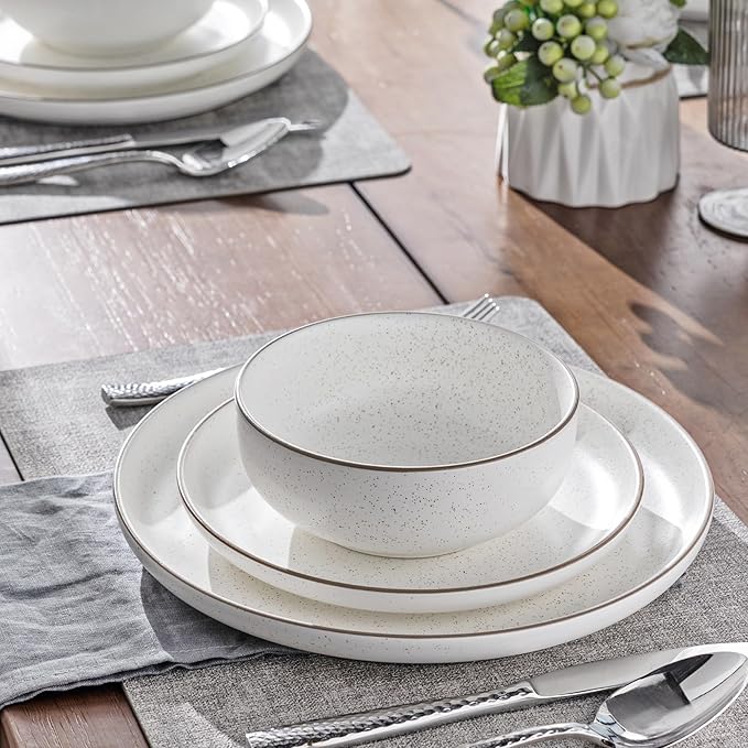 GBHOME Dinnerware Set for 4, GBHOME 12 Pieces Handmade Speckled Glaze Plates and Bowls Sets, Modern Style Scratch Resistant Stoneware Dishes Set, Dishwasher & Microwave Safe