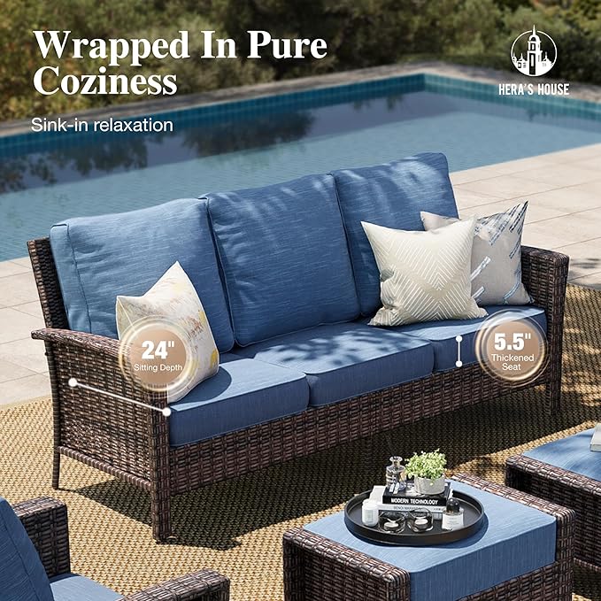 HERA'S HOUSE Patio Furniture Set, 4 x High Back Swivel Chairs with 5.5" Comfy Cushions, 6 Pieces Outdoor Wicker Conversation Set for Lawn Deck Backyard, Navy Blue