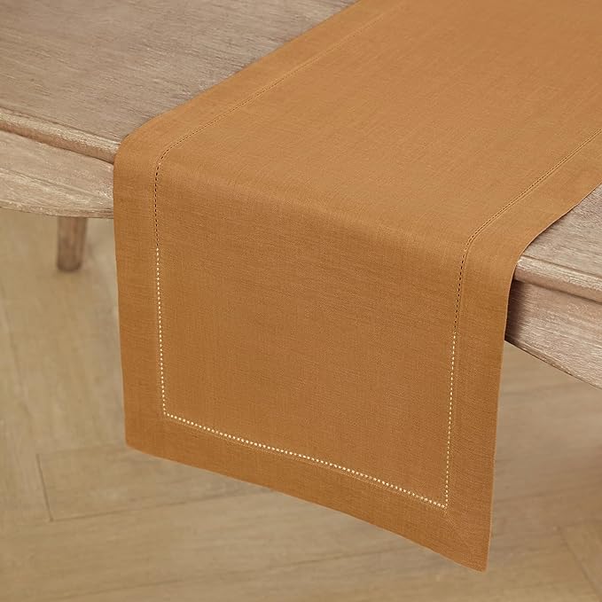 Solino Home Linen Brown Sugar Table Runner 132 Inches Long - 100% Pure Linen Extra Long Table Runner 14 x 132 Inch for Fall, Autumn, Thanksgiving - Classic Hemstitch