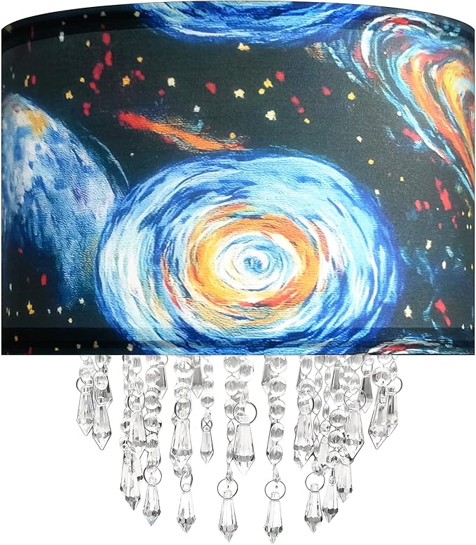 Star Vision Universe Themed Fabric Lampshade with Crystal Beaded Droplets, Space Planet Sun Light Shade for Pendant Table Wall & Floor Lamps, Space Lover Children Kid Bedroom Decor
