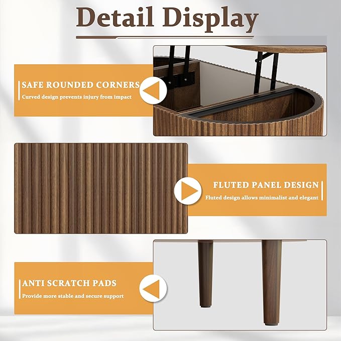 EAG Fluted Lift Top Coffee Table with Hidden Compartment, 39 Inch Modern Oval Coffee Table with 3 Storage, Fully Wooden Assembled Center Table for Living Room, Office, Walnut
