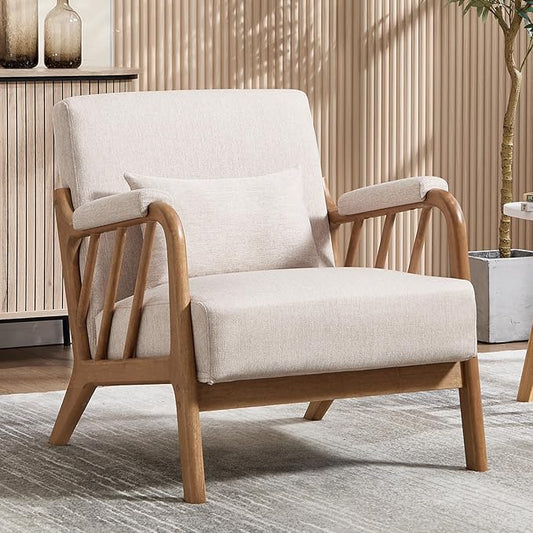 ANJ Mid Century Modern Accent Chair，Living Room Chairs with Wood Frame &Lumbar Pillow, Upholstered Reading Armchair for Bedroom